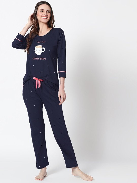 Women Navy Blue Printed Night suit - Image 2