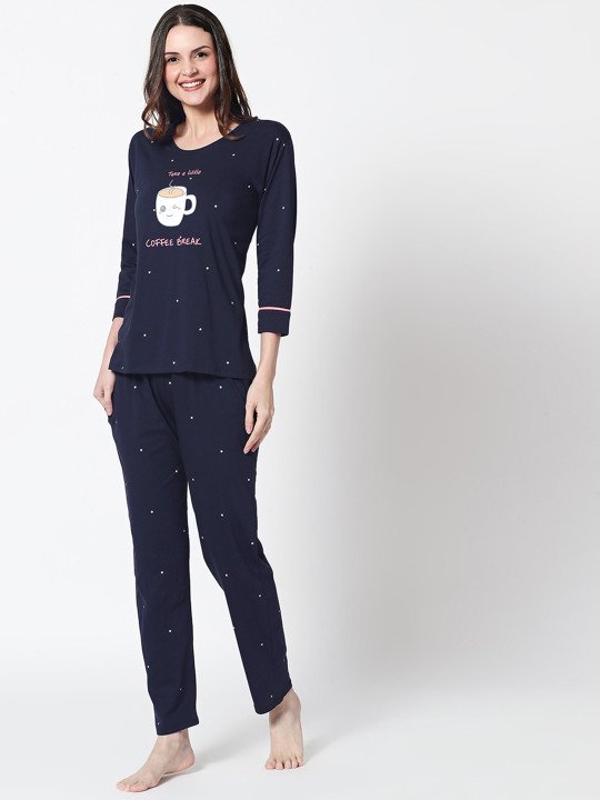 Women Navy Blue Printed Night suit - Image 4