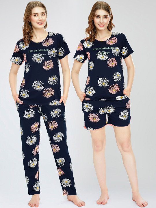 Women Printed Pure Cotton Top With Pajama, Short