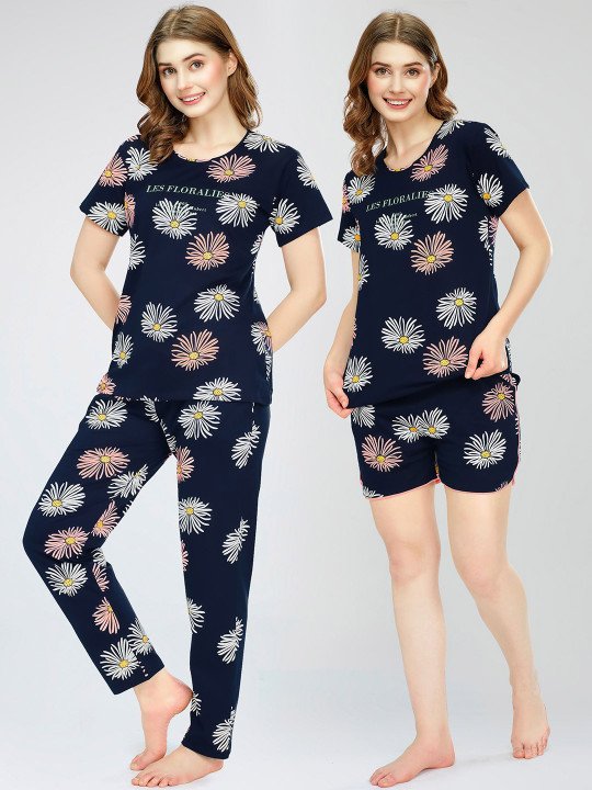 Women Printed Pure Cotton Top With Pajama, Short - Image 3