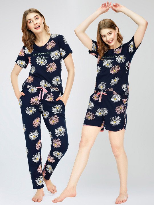 Women Printed Pure Cotton Top With Pajama, Short - Image 5