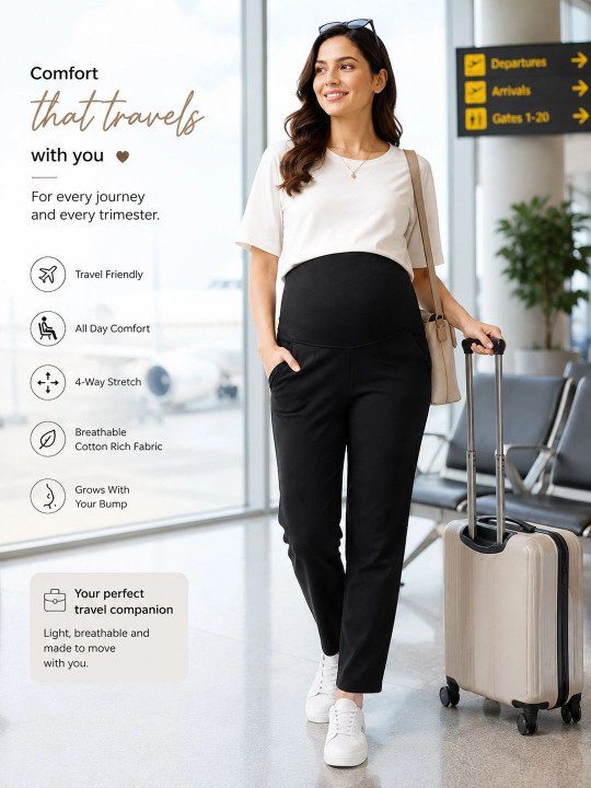 Women Relaxed High-Rise Easy Wash Cotton Maternity Trousers - Image 3