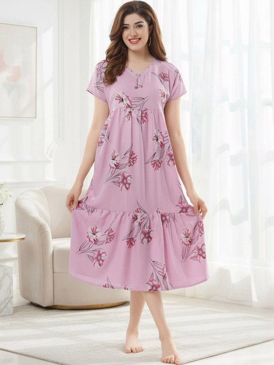 Women Floral Printed V-Neck Midi Nightdress