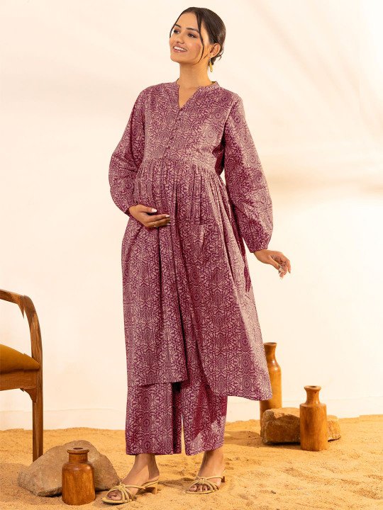 Ethnic Motifs Printed Pure Cotton A Line Maternity Kurta with Trousers