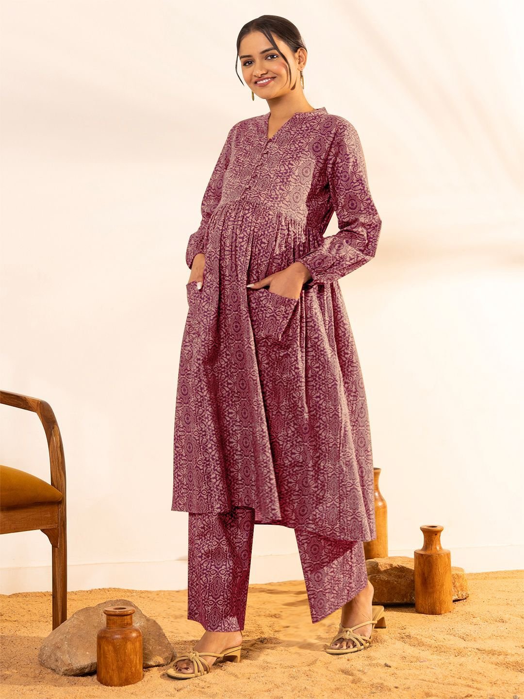 Ethnic Motifs Printed Pure Cotton A Line Maternity Kurta with Trousers - Image 5