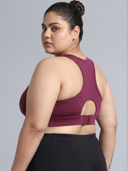 Women's Maroon Racer Back Hook Running High Support Plus Size Sports Bra
