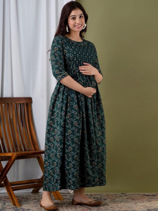 Floral Printed Maternity A-Line Midi Ethnic Dress - Image 6