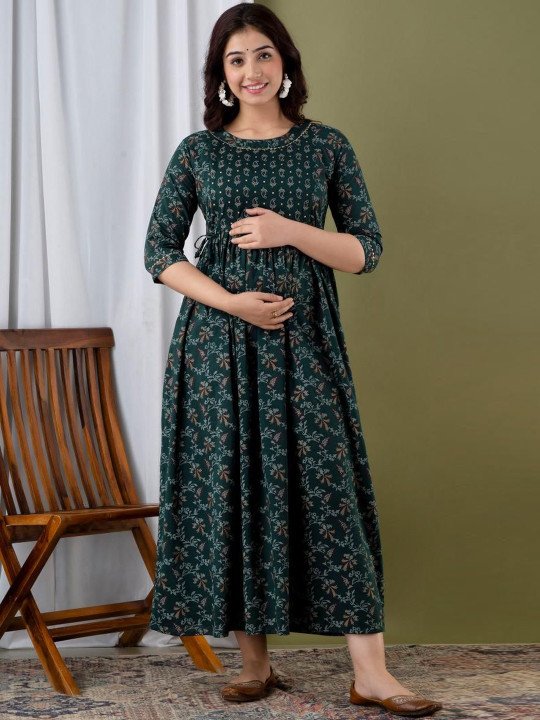 Floral Printed Maternity A-Line Midi Ethnic Dress - Image 7