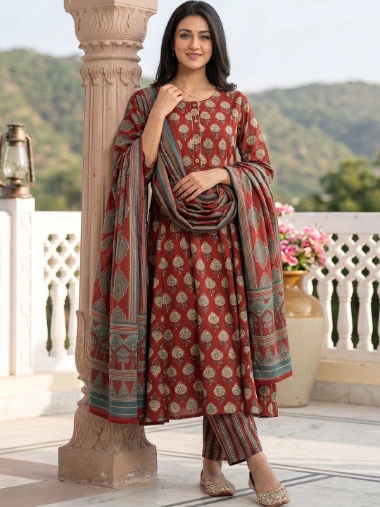 Women Floral Printed Regular Pure Cotton Kurta with Trousers & With Dupatta - Image 4