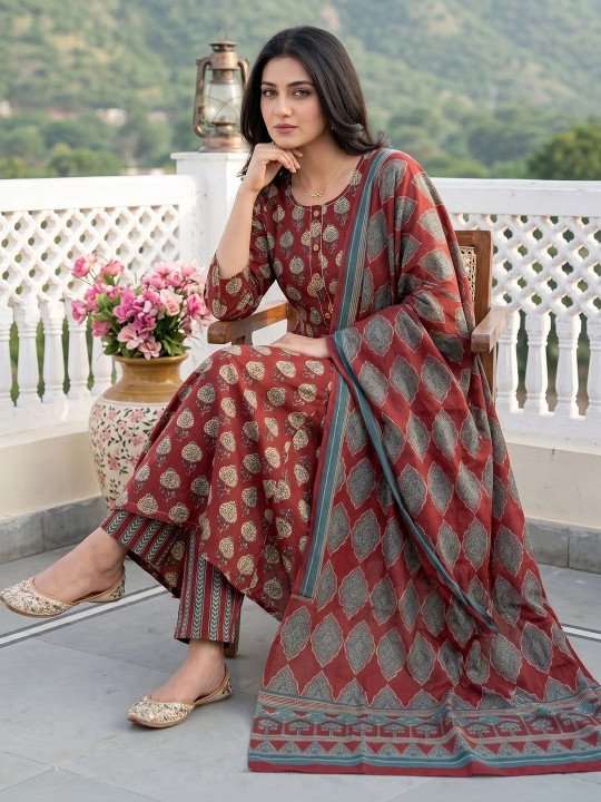 Women Floral Printed Regular Pure Cotton Kurta with Trousers & With Dupatta - Image 5