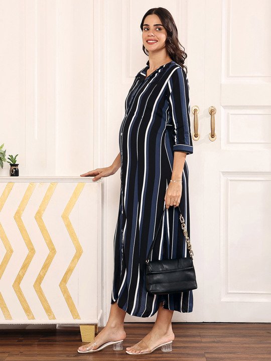 Striped Round Neck Maternity A-Line Maxi Dress - Image 5