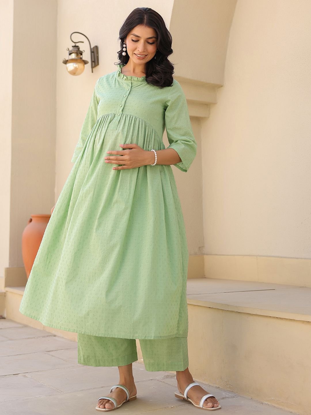 Women Green Dobby Pure Cotton Self Design A-line Maternity Kurta Pant Set