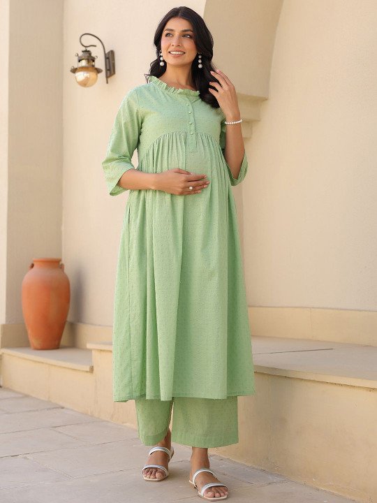 Women Green Dobby Pure Cotton Self Design A-line Maternity Kurta Pant Set - Image 5