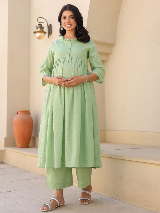 Women Green Dobby Pure Cotton Self Design A-line Maternity Kurta Pant Set - Image 6