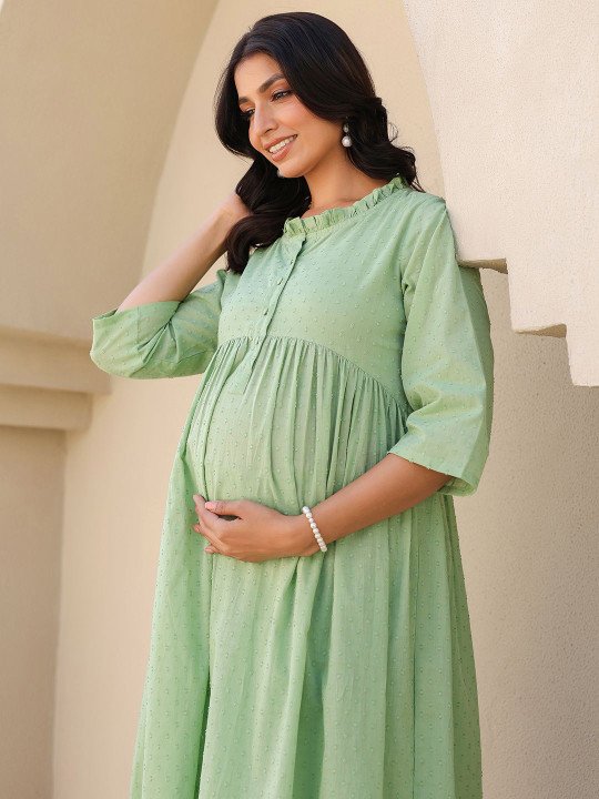 Women Green Dobby Pure Cotton Self Design A-line Maternity Kurta Pant Set - Image 8