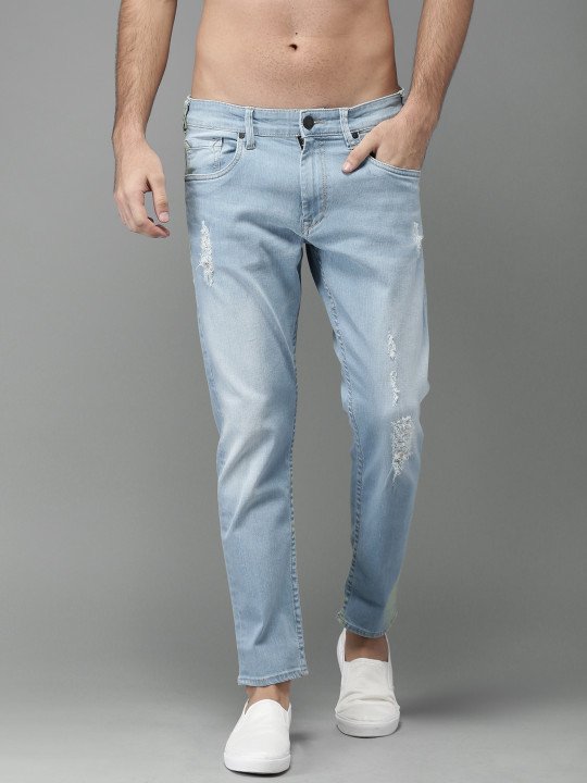 Men Blue Slim Fit Mid-Rise Mildly Distressed Stretchable Cropped Jeans