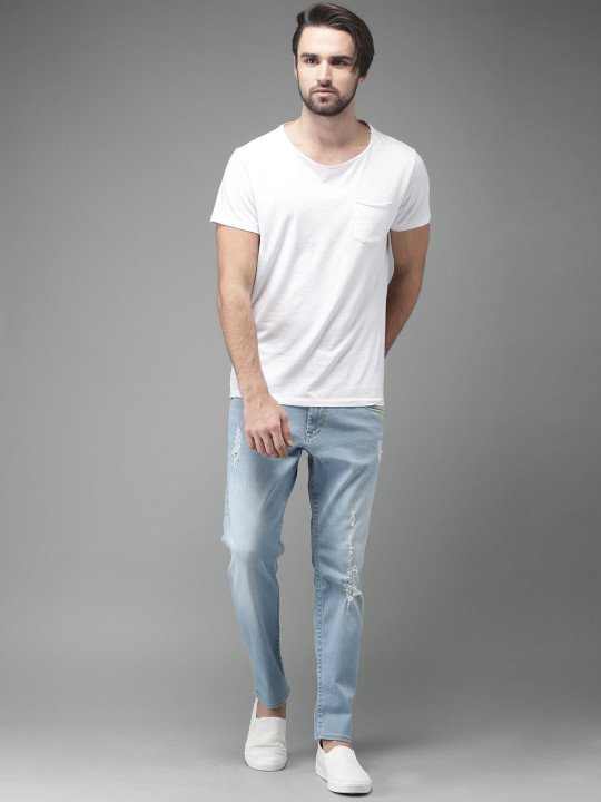Men Blue Slim Fit Mid-Rise Mildly Distressed Stretchable Cropped Jeans - Image 2