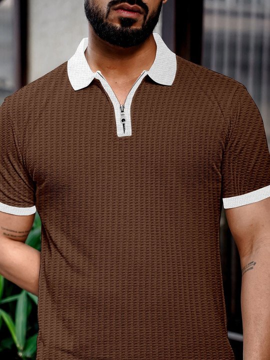 Men Self Design Polo Collar Waffle Knit Polo T-Shirt