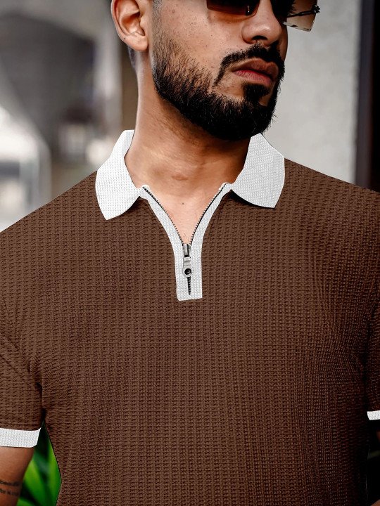 Men Self Design Polo Collar Waffle Knit Polo T-Shirt - Image 4