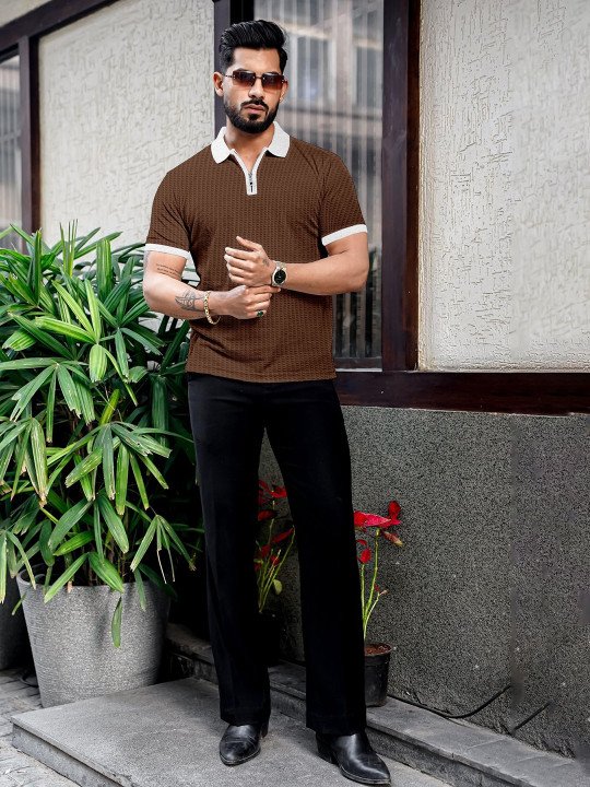 Men Self Design Polo Collar Waffle Knit Polo T-Shirt - Image 2