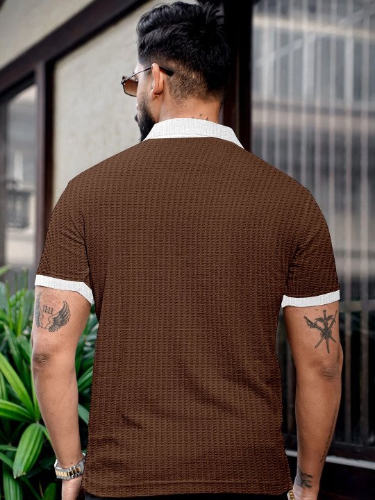 Men Self Design Polo Collar Waffle Knit Polo T-Shirt - Image 5