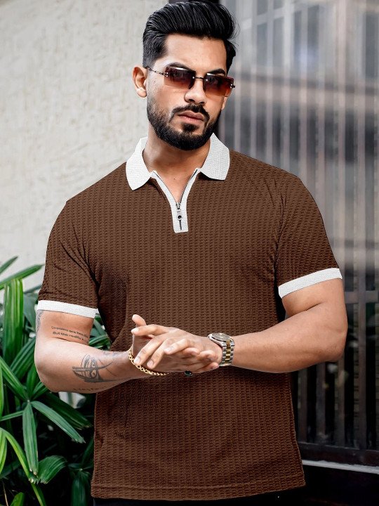 Men Self Design Polo Collar Waffle Knit Polo T-Shirt - Image 6