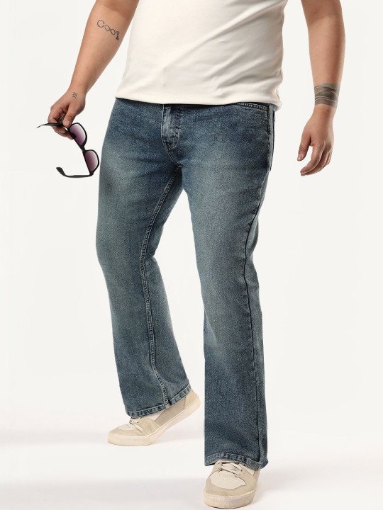 Men Light Blue Bootcut Fit Mid Rise Tinted Heavy Washed Stretchable Jeans