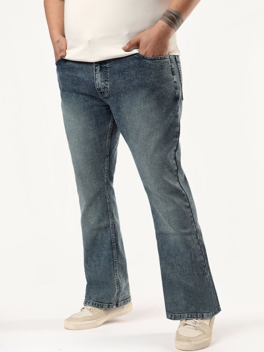Men Light Blue Bootcut Fit Mid Rise Tinted Heavy Washed Stretchable Jeans - Image 2