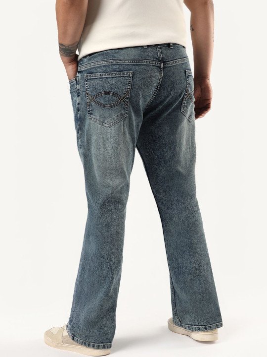 Men Light Blue Bootcut Fit Mid Rise Tinted Heavy Washed Stretchable Jeans - Image 3