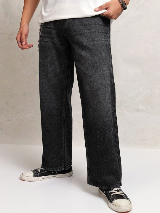 Men Washed Wide Leg Slash Knee Light Fade Jeans