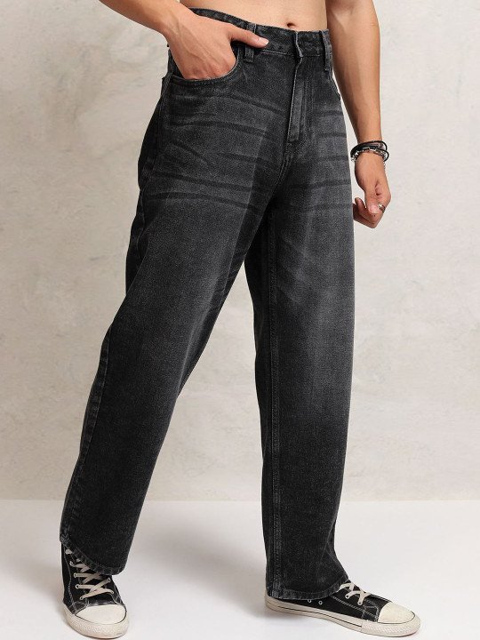Men Washed Wide Leg Slash Knee Light Fade Jeans - Image 2