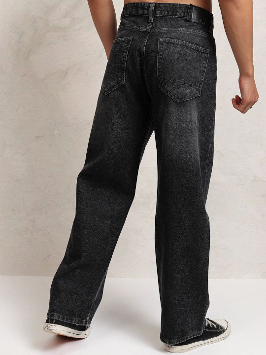 Men Washed Wide Leg Slash Knee Light Fade Jeans - Image 5