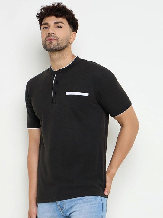 Band Collar Short Sleeves Casual T-shirt