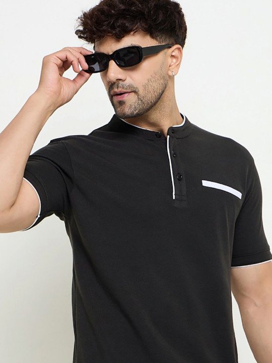 Band Collar Short Sleeves Casual T-shirt - Image 4