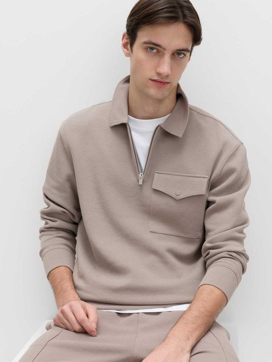 Cotton Blend Pique Half Zip Top