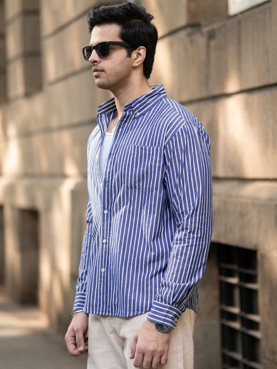 Dark Blue Lightweight Stripe Shirt - Image 4