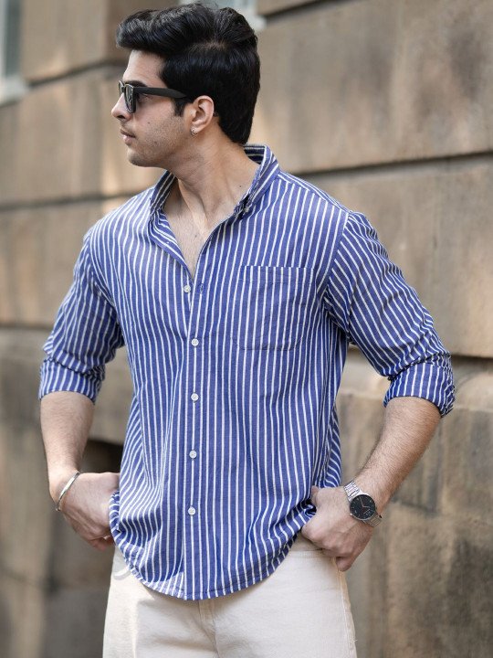 Dark Blue Lightweight Stripe Shirt - Image 5