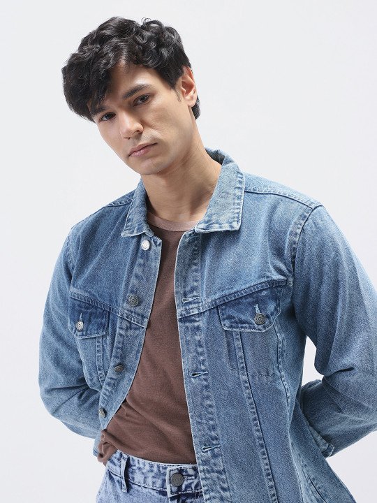 Men's Light Blue Regular Fit Washed Full Sleeve Denim Jacket