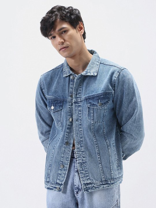 Men's Light Blue Regular Fit Washed Full Sleeve Denim Jacket - Image 4