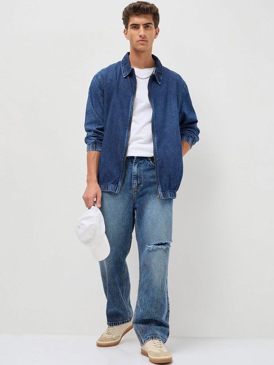Men's Blue Relaxed Fit Full Sleeve Harrington Denim Jacket