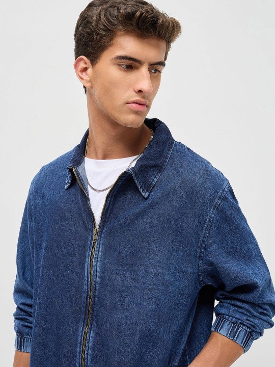 Men's Blue Relaxed Fit Full Sleeve Harrington Denim Jacket - Image 2