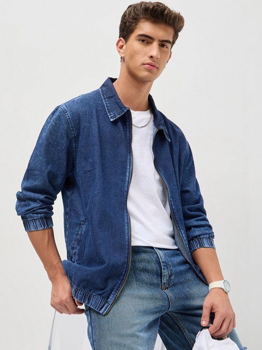 Men's Blue Relaxed Fit Full Sleeve Harrington Denim Jacket - Image 4
