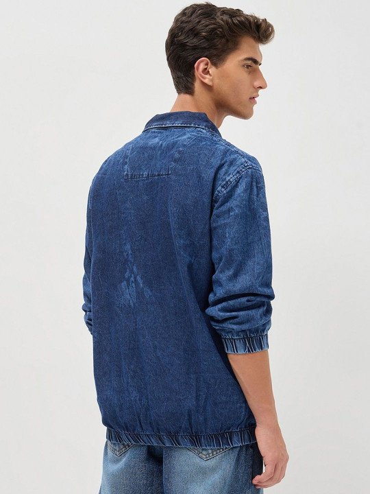 Men's Blue Relaxed Fit Full Sleeve Harrington Denim Jacket - Image 5