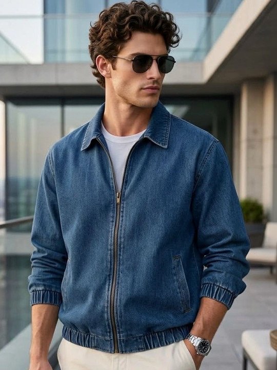 Men's Blue Relaxed Fit Full Sleeve Harrington Denim Jacket - Image 6