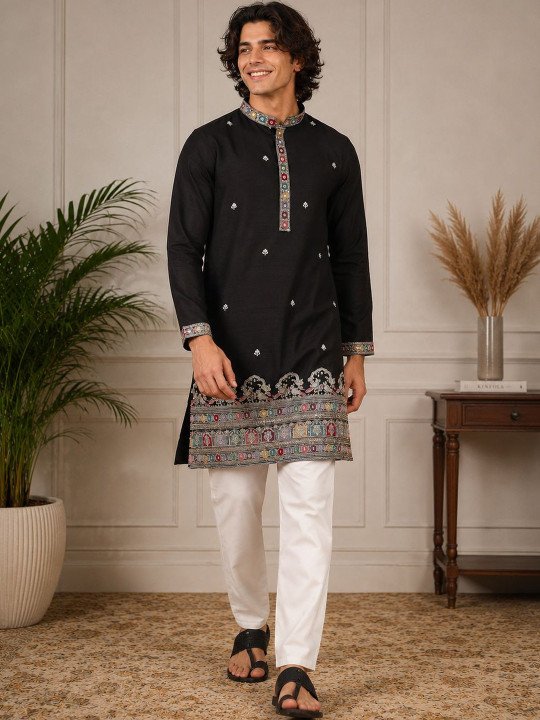 Black Embroidered Beadwork Ethnic Motif Festive Kurta