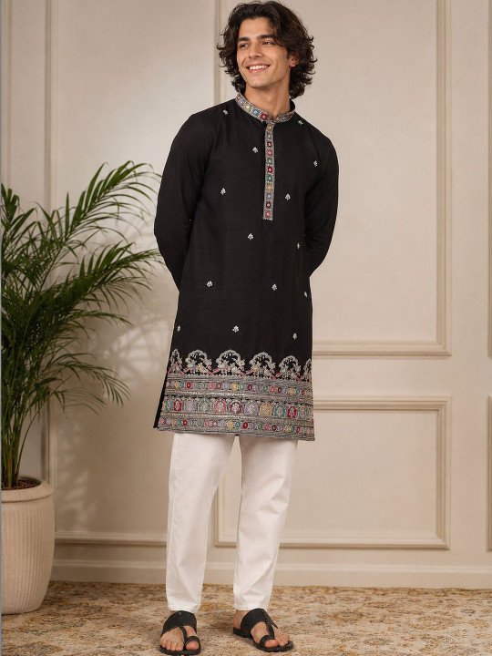 Black Embroidered Beadwork Ethnic Motif Festive Kurta - Image 2