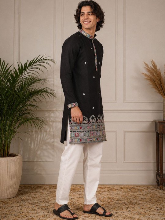 Black Embroidered Beadwork Ethnic Motif Festive Kurta - Image 3