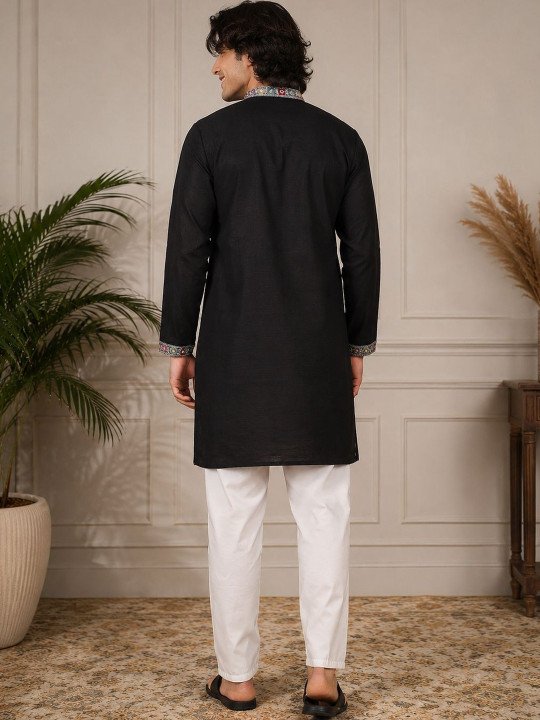 Black Embroidered Beadwork Ethnic Motif Festive Kurta - Image 4