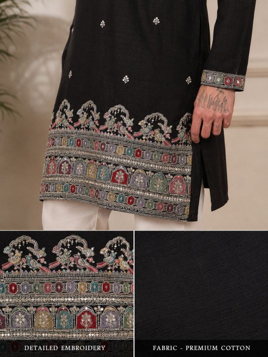 Black Embroidered Beadwork Ethnic Motif Festive Kurta - Image 5