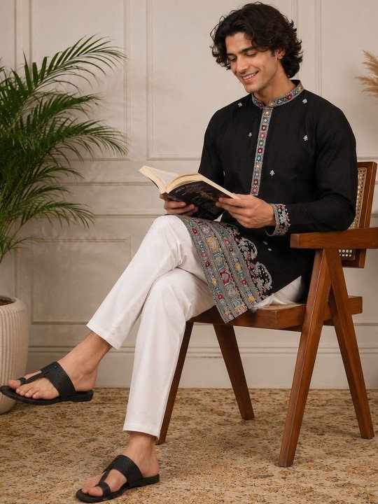 Black Embroidered Beadwork Ethnic Motif Festive Kurta - Image 6